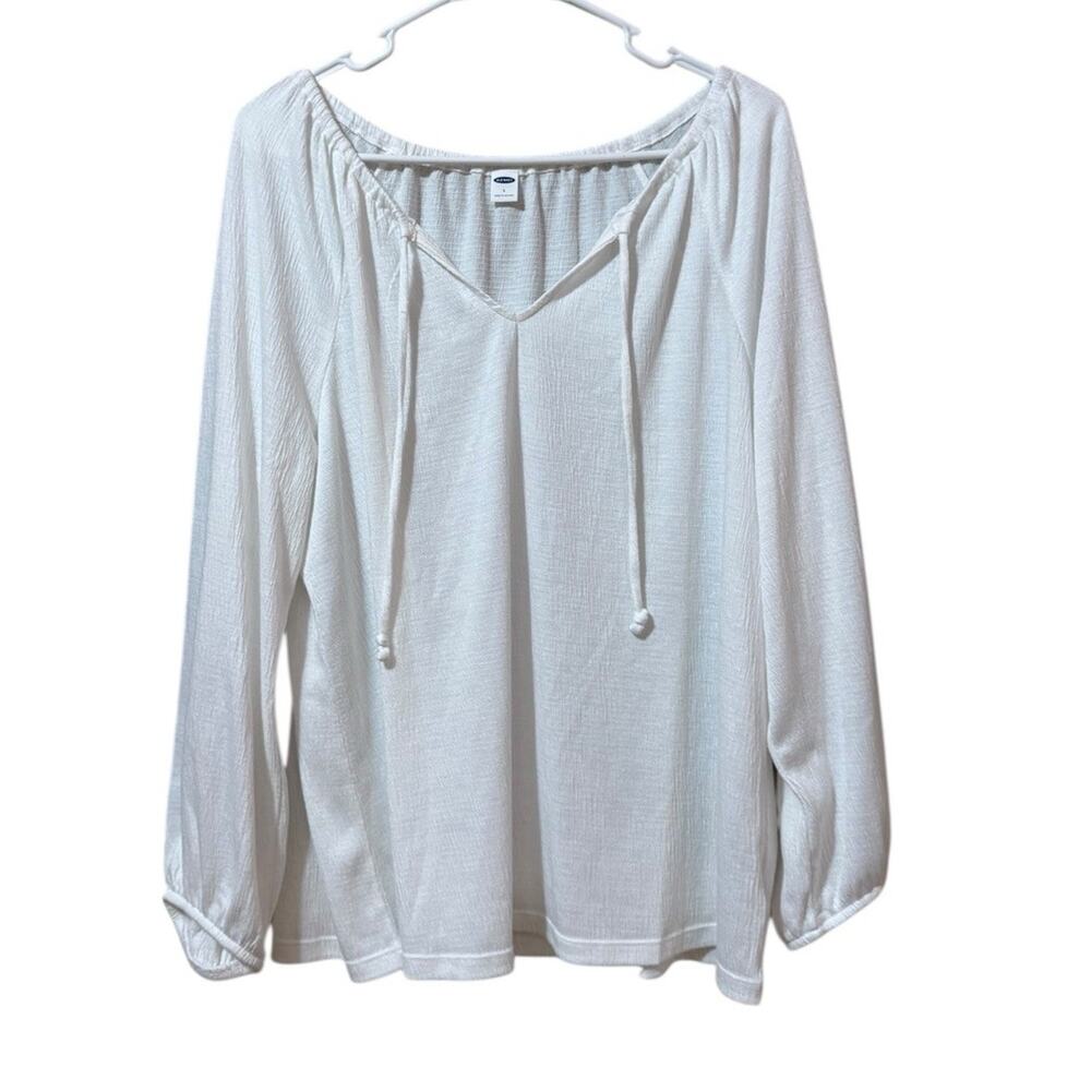 Old Navy Women Size Large White Long Sleeve Shirt Neck Tie Stretch Lightweight